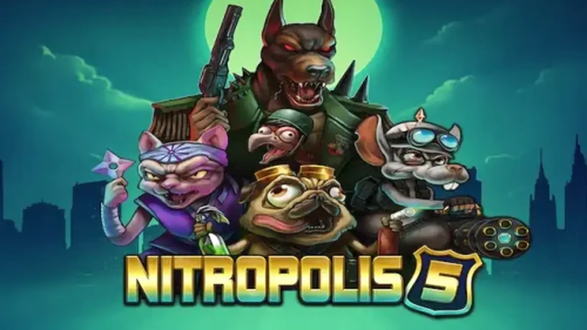 Nitropolis 5 slot game screen featuring the four animal clans in a war-torn city setting.