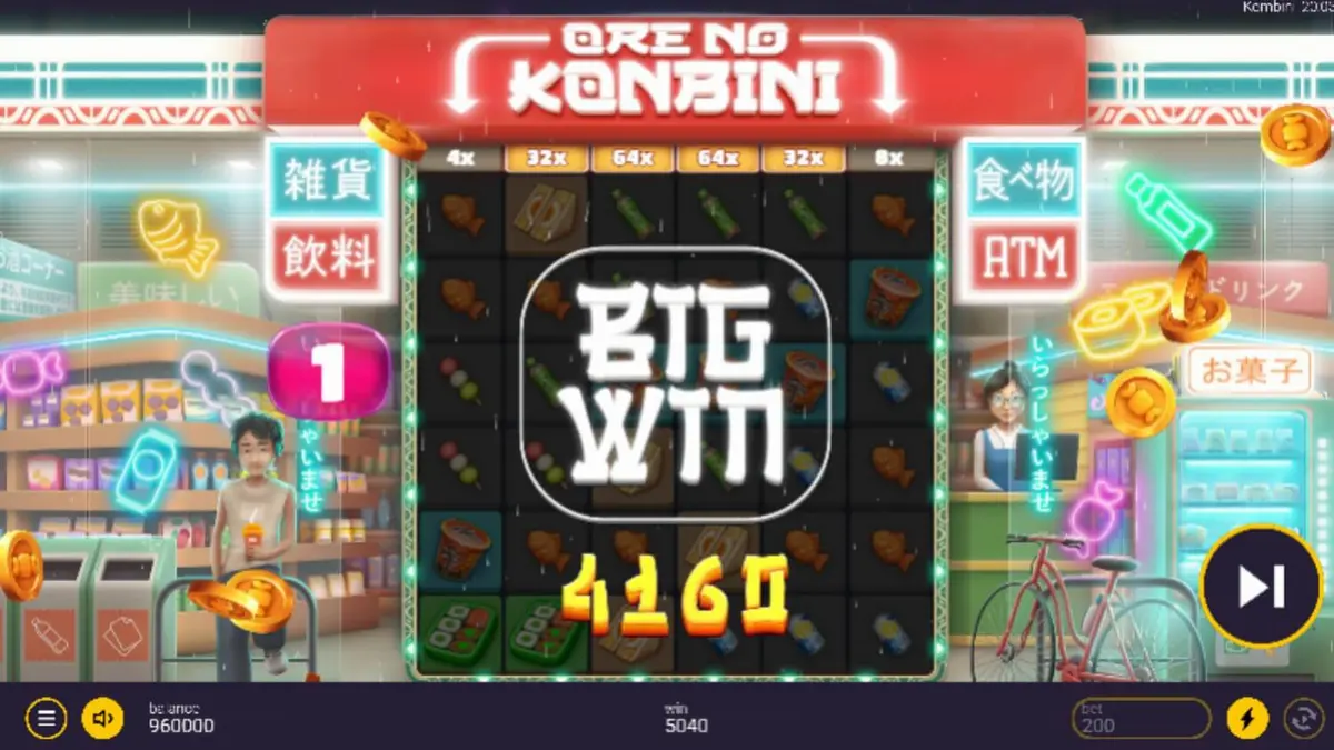 Tampilan visual neon dari slot Ore No Konbini dengan simbol makanan Jepang